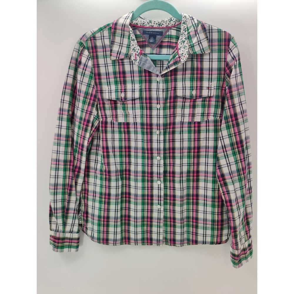 Tommy Hilfiger‎ Womens Plaid Button Down Shirt Pink Green Long Roll Tab Sleeve L